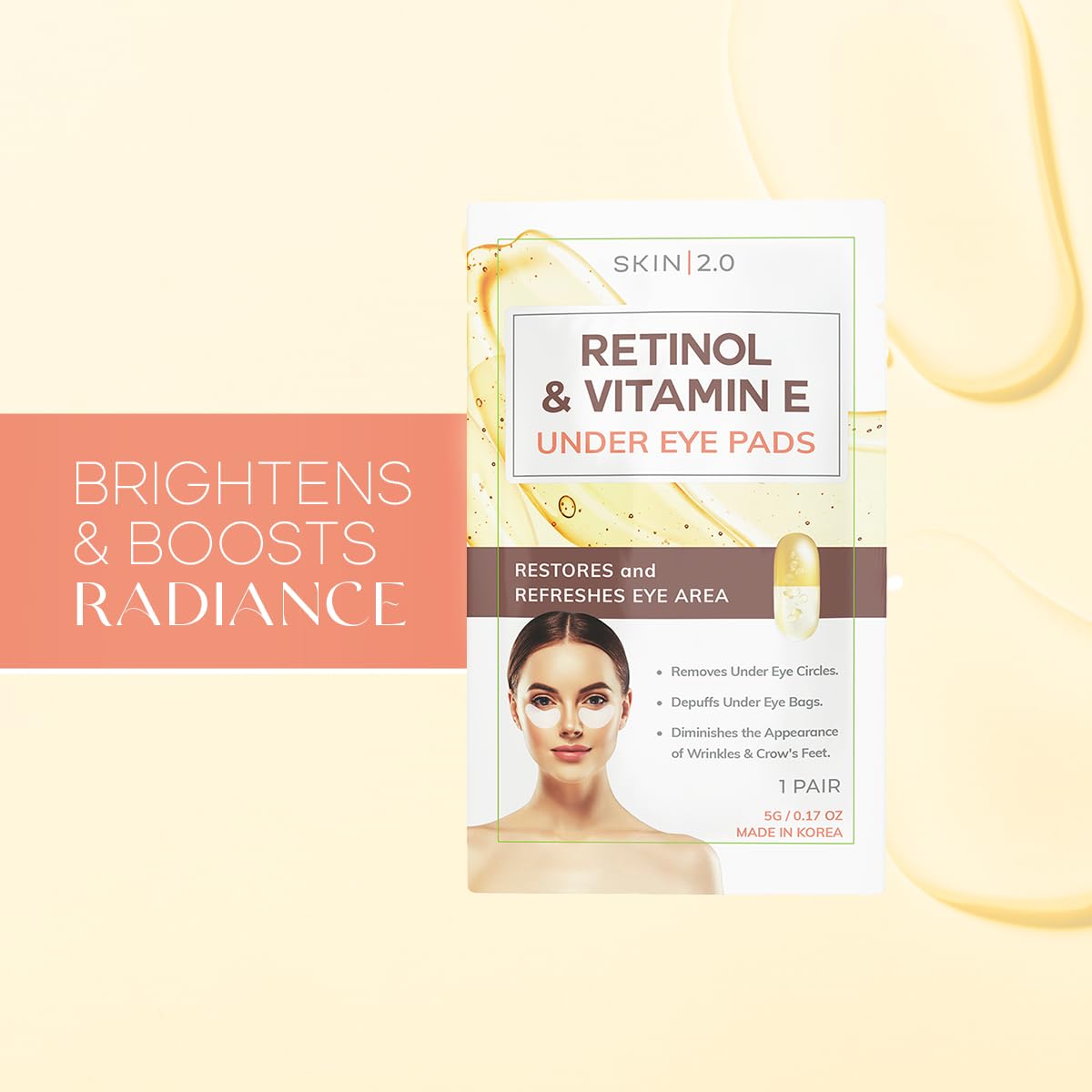 Retinol and Vitamin E Under Eye Patches - Reduce Wrinkles & Fine Lines, Dark Circles, Eye Bags, Depuffing Under Eye Pads - Cruelty Free Korean Skin Care For All Skin Types - 15 Pairs