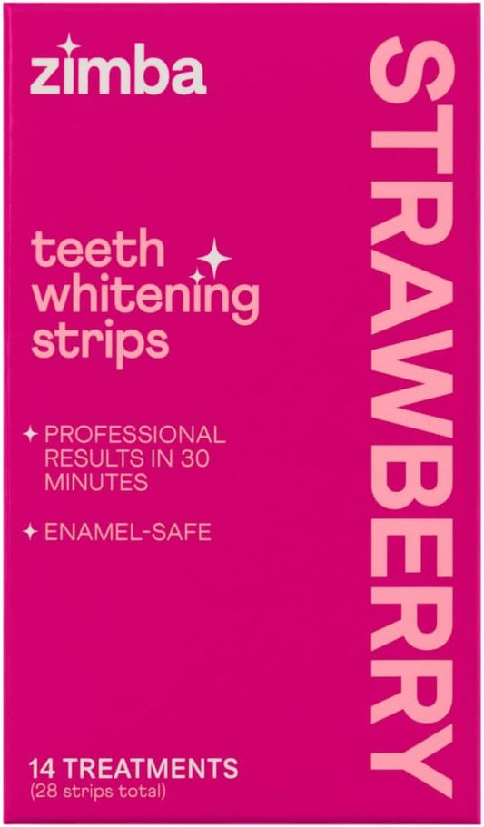 Zimba Strawberry Flavored Teeth Whitening Strips | Vegan, Enamel Safe Hydrogen Peroxide Teeth Whitener for Coffee, Wine, Tobacco, and Other Stains | 14 Day Treatment | Strawberry