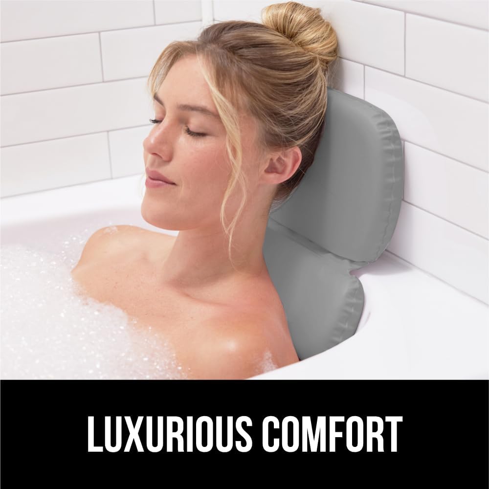 GORILLA GRIP Bath Pillow for Tub, Improved Suction Cups, Luxury Bathtub Pillows, Headrest for Neck and Back Support, Relaxing Home Spa, Hot Tubs and Bathroom Essentials, Gifts for Women, 3 Panel Gray
