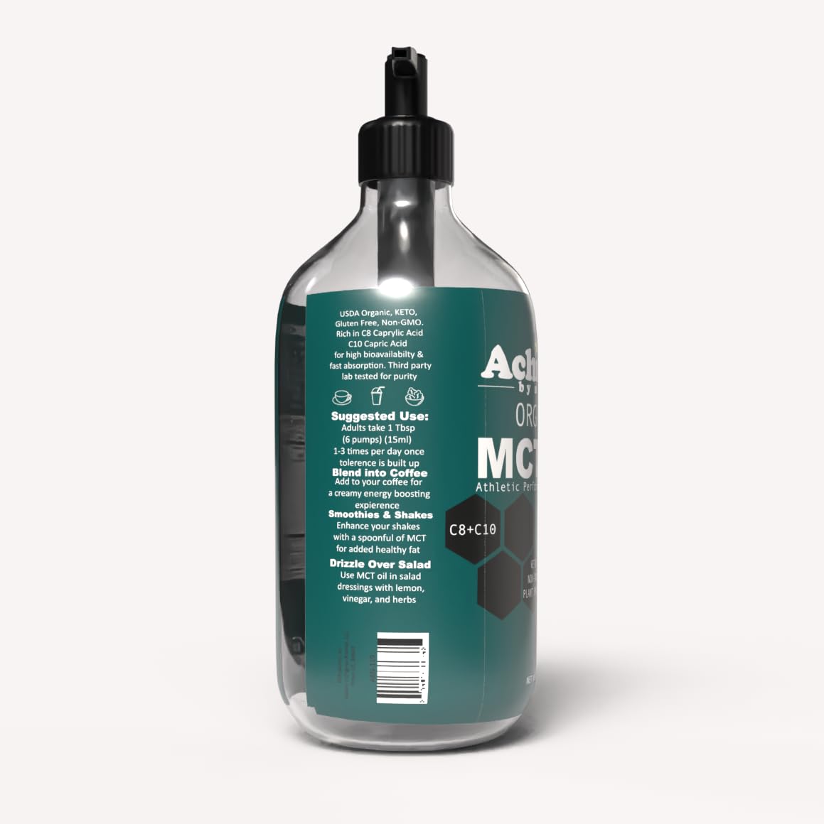 Achieved By Nature Organic MCT Oil, 32 oz, Pure MCTs from Coconuts, C8 and C10 MCTs, Keto Diet Friendly, Use in Coffee, Smoothies, High Bioavailability, Cold Pressed