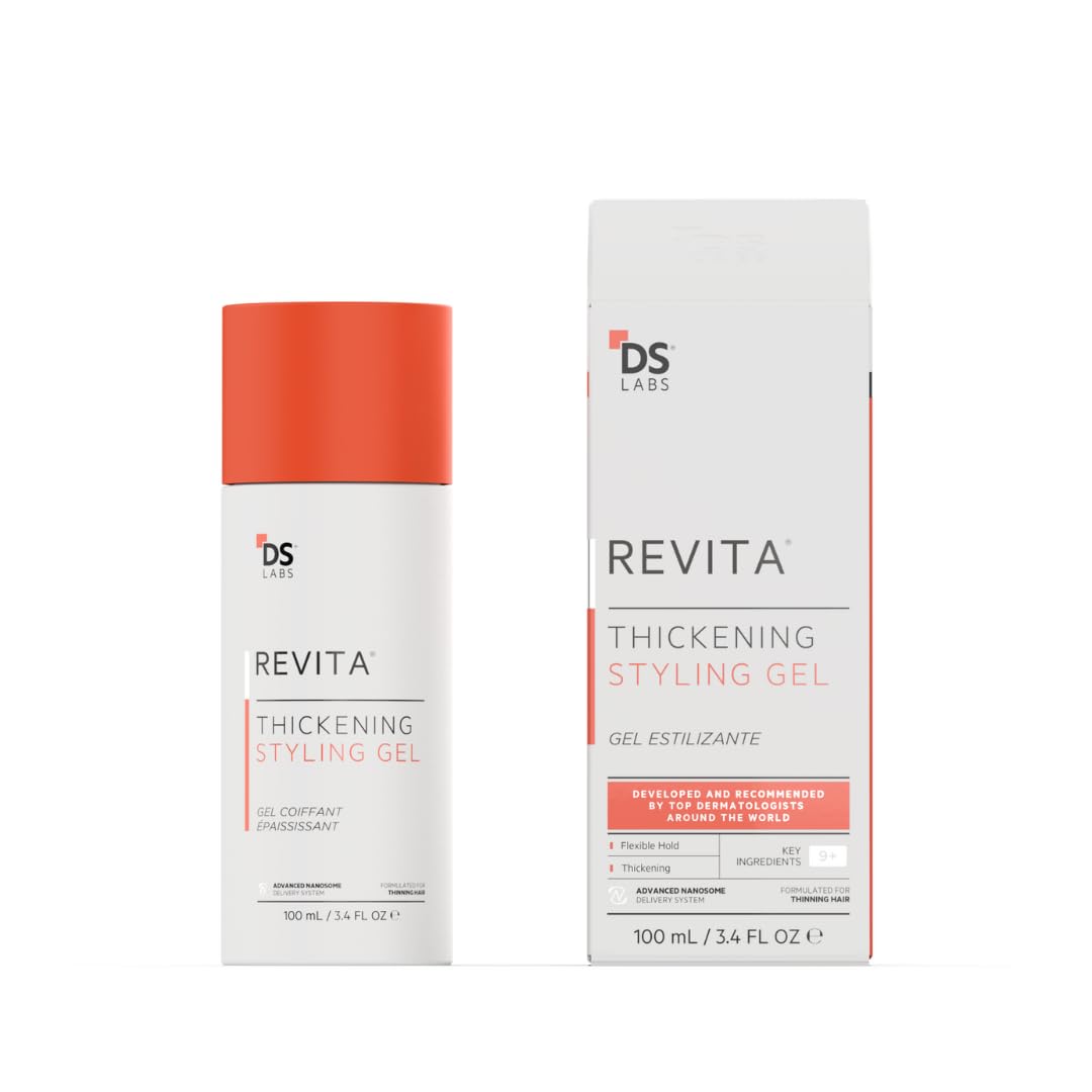 DS Labs Revita Hair Styling Gel for All Hair Types - Medium Hold, Volumizing & Thicker Looking Finish, With Ginseng, Zinc & Caffeine, Water Based, No Flakes or Residue, 3.4 Fl Oz