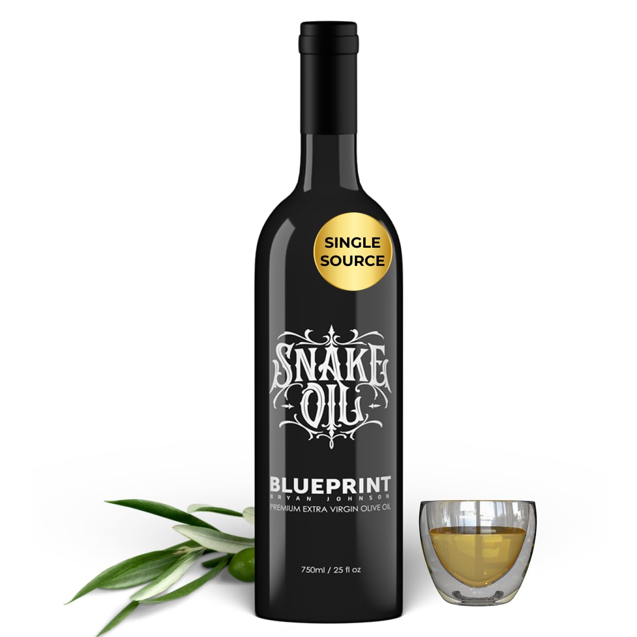 Blueprint by Bryan Johnson Olive Oil – Snake Oil- High Polyphenol Extra Virgin Olive Oil (400+ mg/kg) – Cold Pressed, Early Harvest, First Cold Press EVOO – Keto, Paleo, Non-GMO – 750ml Glass Bottle