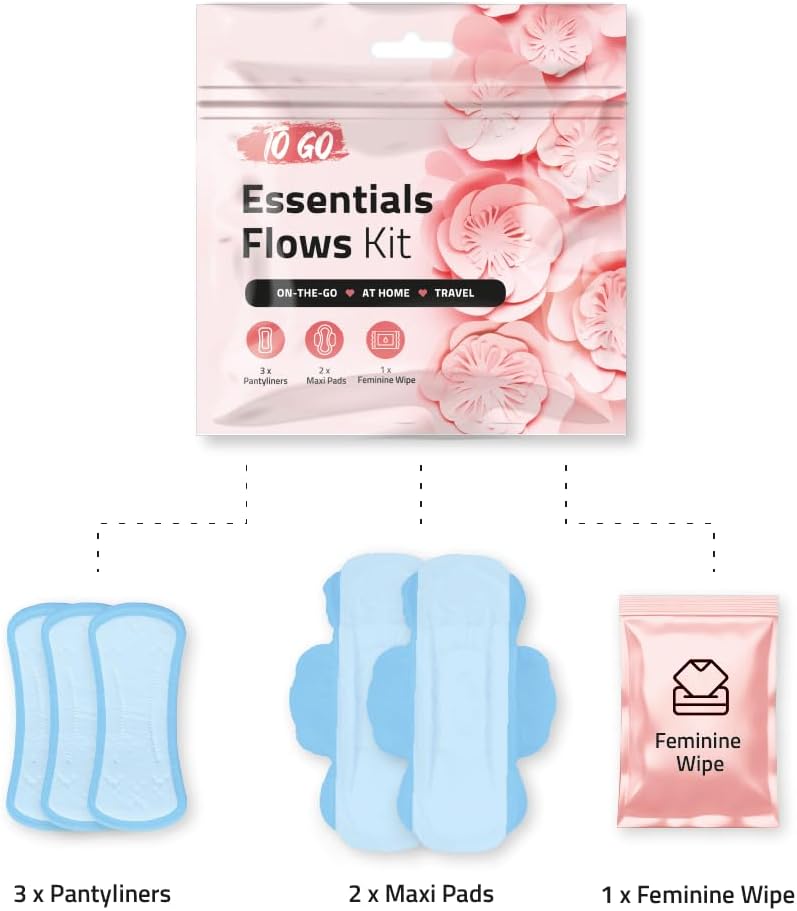 pH Advantage Essential Flows Period Kit (10 Pack) - 3 Pantyliners, 2 Maxi Pads & Feminine Wipe | Hygiene Essentials for School, First Period (Red)
