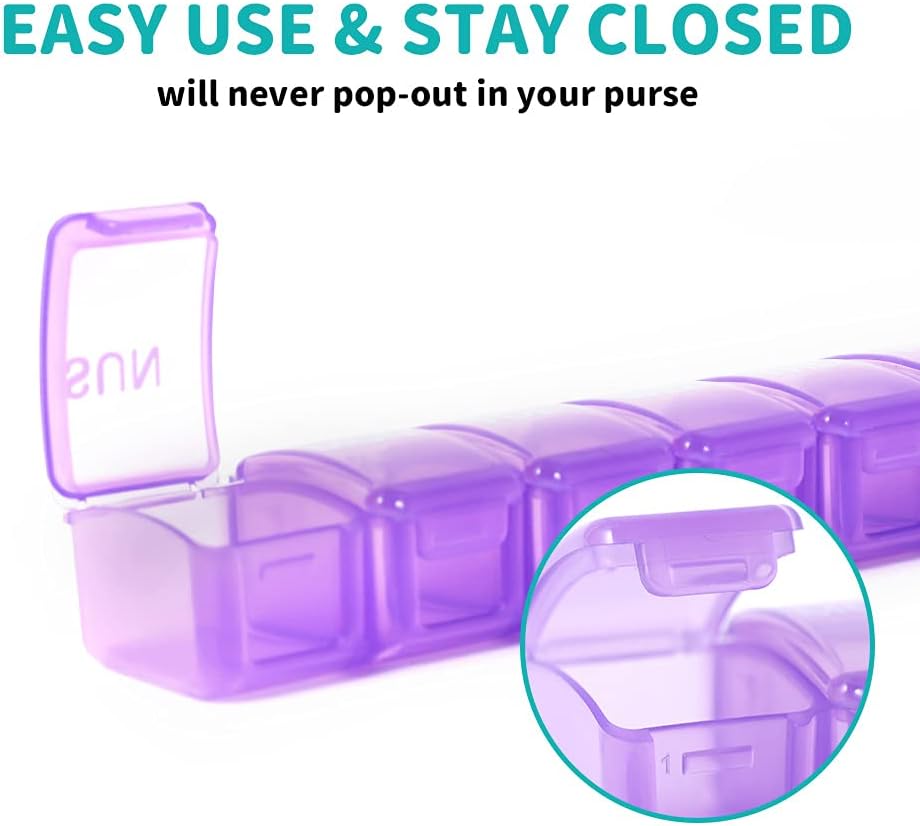 2 Packs Small Weekly Pill Organizer,Pocket Daily Pill Case Pill Box for Pills/Vitamin/Fish Oil/Supplements (Purple)