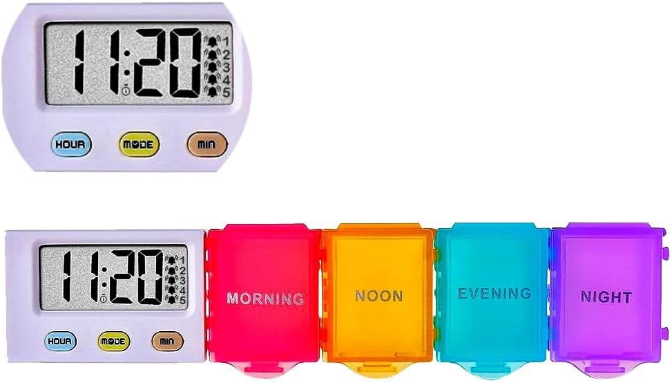 [4 in 1] 1 Day 4 Times Medicine Pill Organizer +5 Alarms + Timer+ Clock, Large Compartments,Loud Sound,Large Screen, Moisture-Proof,Dust-Proof, Travel Daily Pill Box/Organizer/Case/Container/Dispenser