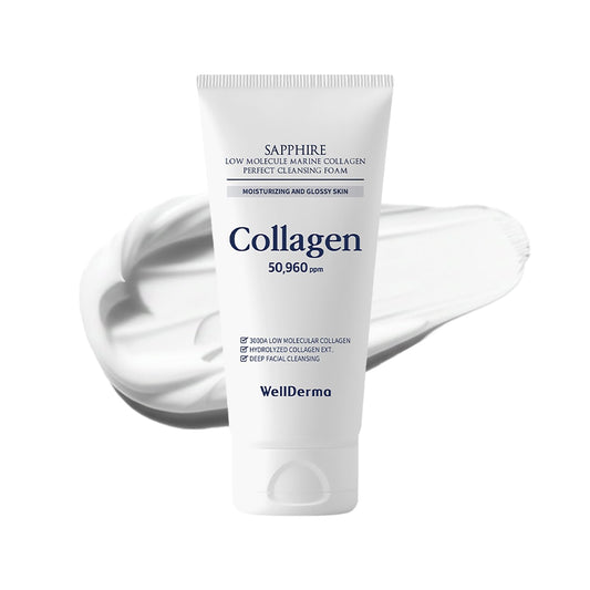 WELLDERMA Sapphire Collagen Cleansing Foam, 150mL – Gentle Facial Cleanser with Hydrolyzed Collagen & Glycerin, Moisturizing Creamy Lather