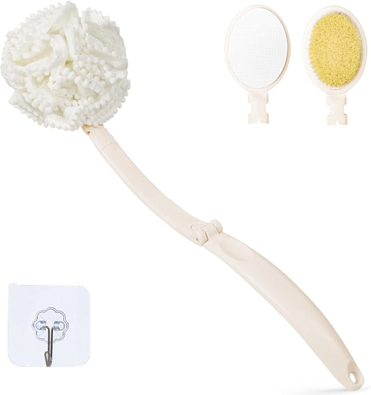Loofah Sponge with Handle,Back Scrubber Brush for Shower, Lotion Applicator for Back,3 in 1 Shower Kit (White loofah)