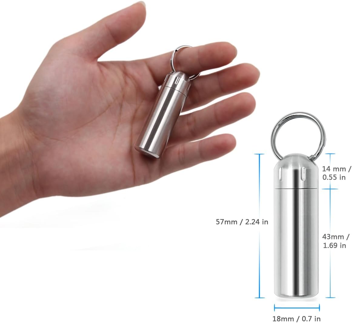 SHD Pill Box Keychain Waterproof Single Chamber Stainless Steel Pill Organizer for Outdoor Travel Camping