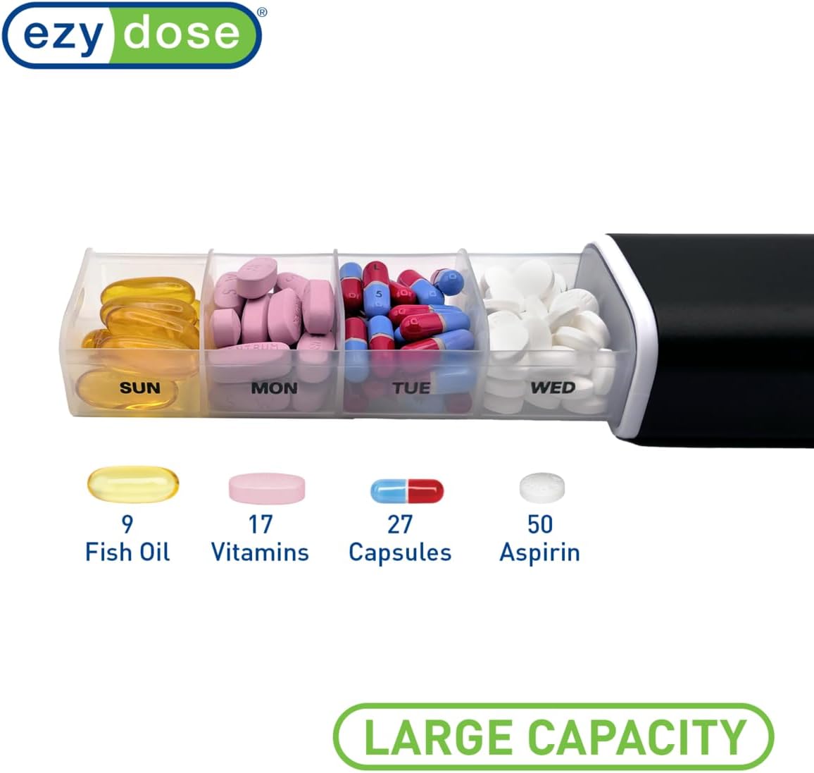 EZY DOSE Slide Pill Organizer, Stylish Medication Storage Case with Durable BPA-Free Plastic with Aluminum Exterior, Large 7-Day Weekly Compartments, Tablets, Vitamins, Compact, 9-Inch, Black