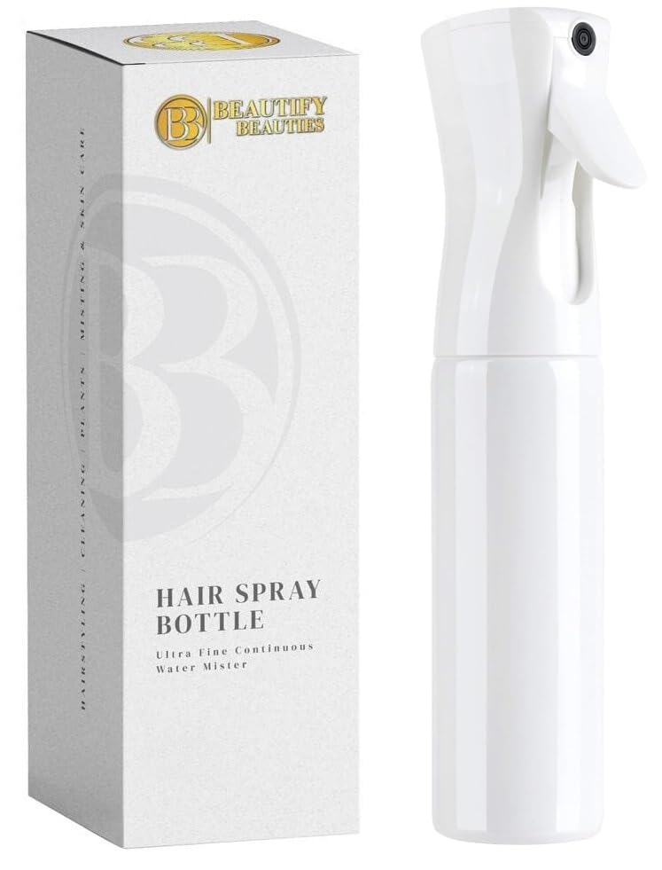 BeautifyBeauties Hair Spray Bottle – Ultra Fine Continuous Water Mister for Hairstyling, Cleaning, Plants, Misting & Skin Care (White, 6.8 Ounces)