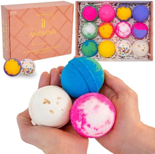 Anovina 12XL Bath Bombs for Women & Kids, Spa Gifts with Essential Oils, Relaxation & Stress Relief, Aromatherapy Bath Products, Made in USA Gift Set, Natural Scented Bath Bombs for Men - 12 Pack