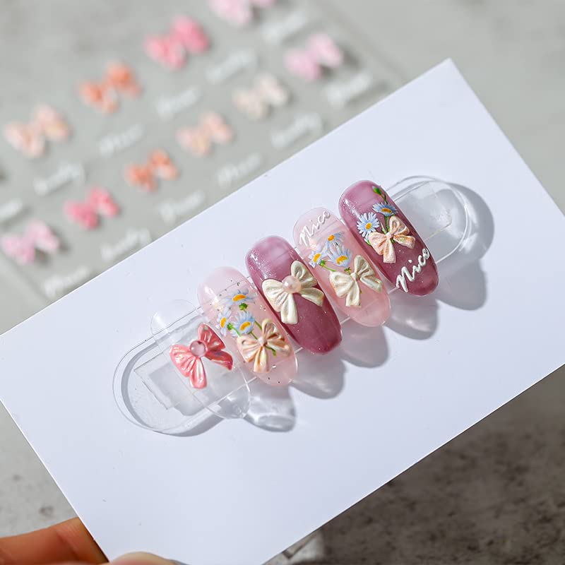 Bow Nail Stickers 5D Embossed Nail Art Decals Self-Adhesive Pink White Bows Nail Art Stickers for Women Girls Kids Nail Supplies Accessories