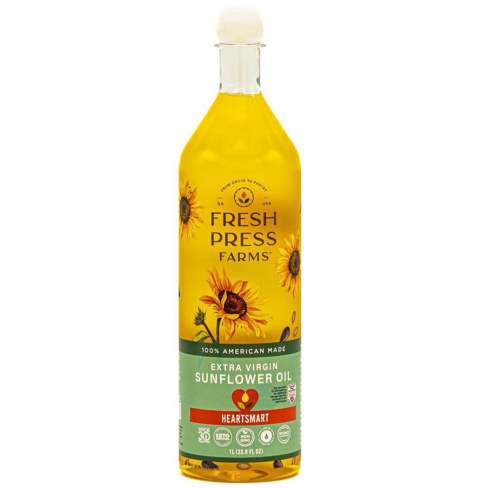 Fresh Press Farms Cold Pressed Extra Virgin Sunflower Oil, 33.8 Fl Oz, High Oleic, Georgia Grown, 100% American Made, Unrefined, Certified Whole30, Non-GMO, Keto, Paleo, Gluten Free