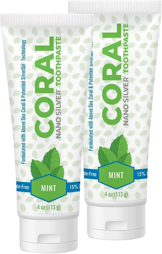 Coral White Nano Silver Mint Toothpaste, Natural Fluoride Free Teeth Whitening Toothpaste, Coral Calcium Nano Silver Infused SLS, Glycierin Free 4 Ounce (2 Pack)