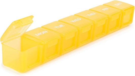 Sukuos Extra Large Daily Pill Organizer 7 Day, Easy to Open Weekly Pill Box Case, Portable Medicine Organizer with Clear Lid for Vitamins, Fish Oils or Supplements (Yellow)