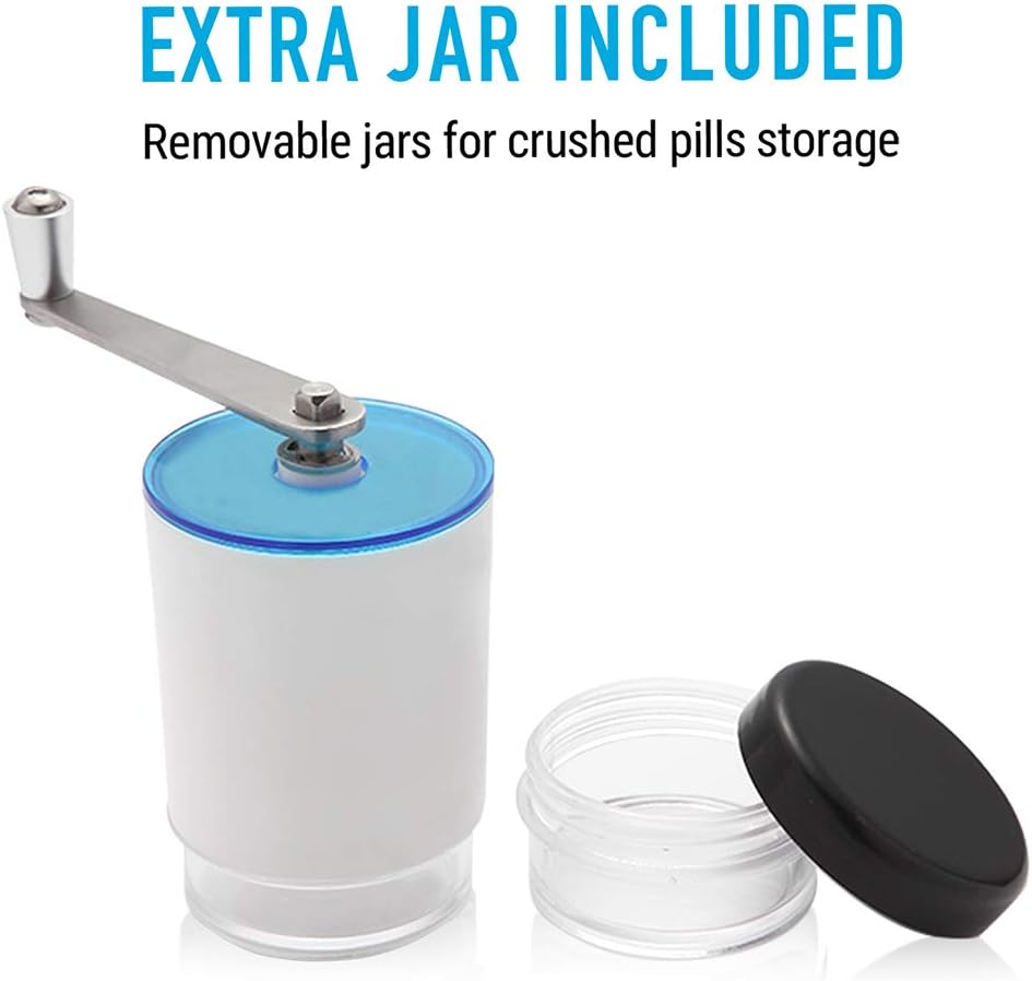 Pill Grinder Pill Crusher – Easily Crushes Multiple Tablets or Vitamins into Fine Powder at Once (Extra Jar Included) - Great Pulverizer for Feeding Tube, Kids, Pets and Arthritis