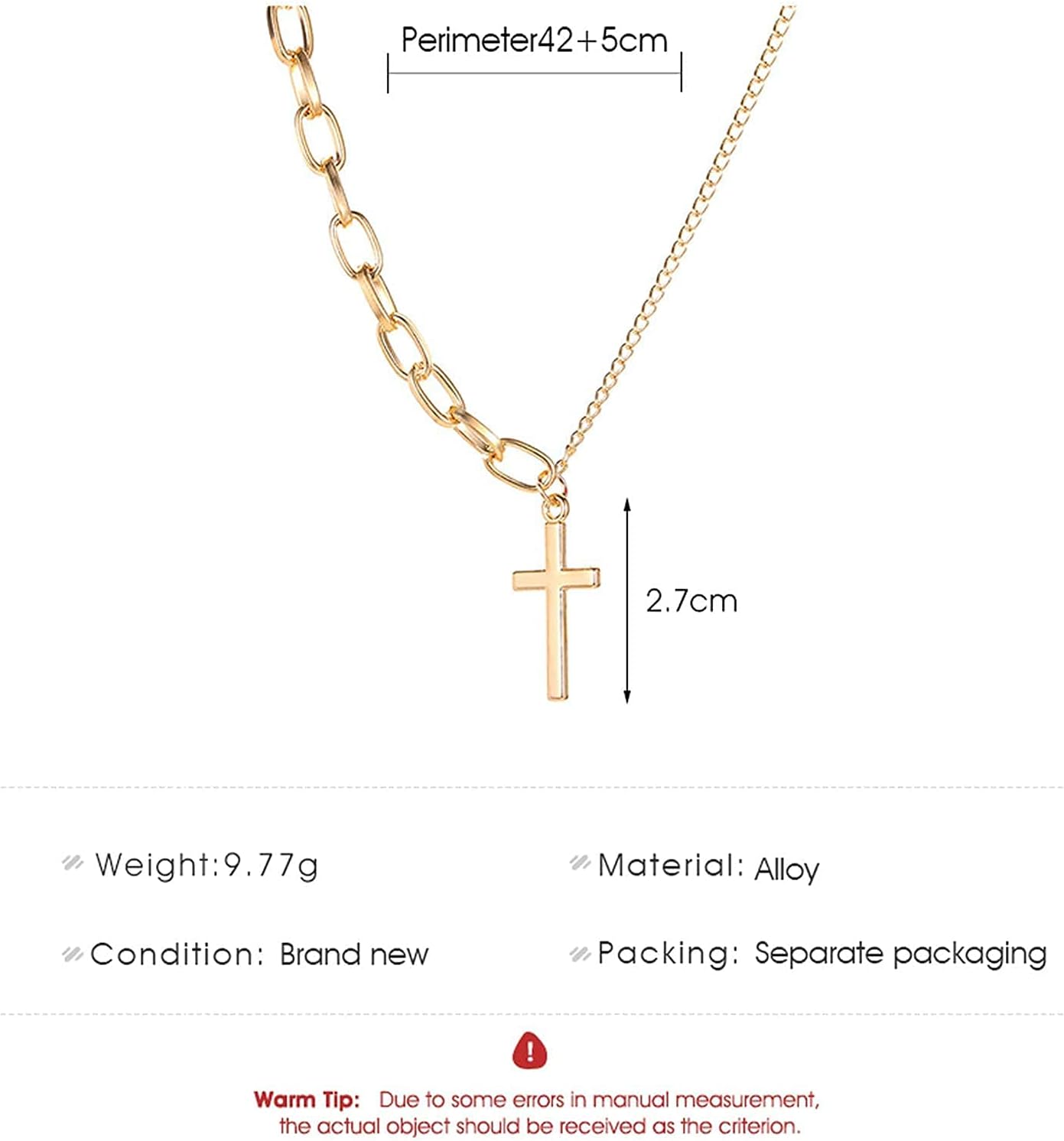 Simple Cross Necklace Asymmetric Chain Cross Pendant Necklace Paperclip Chain Fashion Jewelry for Women and Girls