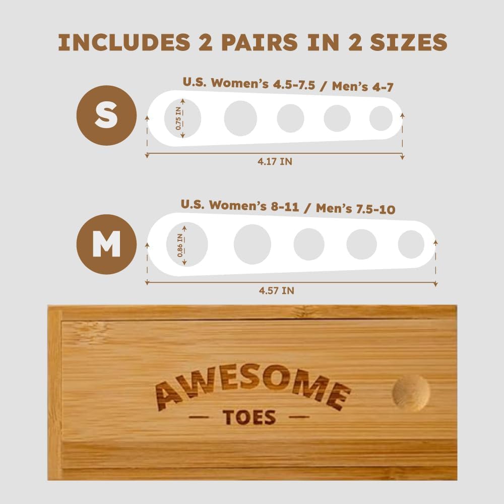 Awesome Toes Spacers & Separators, Fast Pain Relief from Hammertoe & Bunions, Two Pairs in Stylish Wooden Box, Latex-Free Rubber Toe Stretchers Used for Walking, Running & Yoga Practice