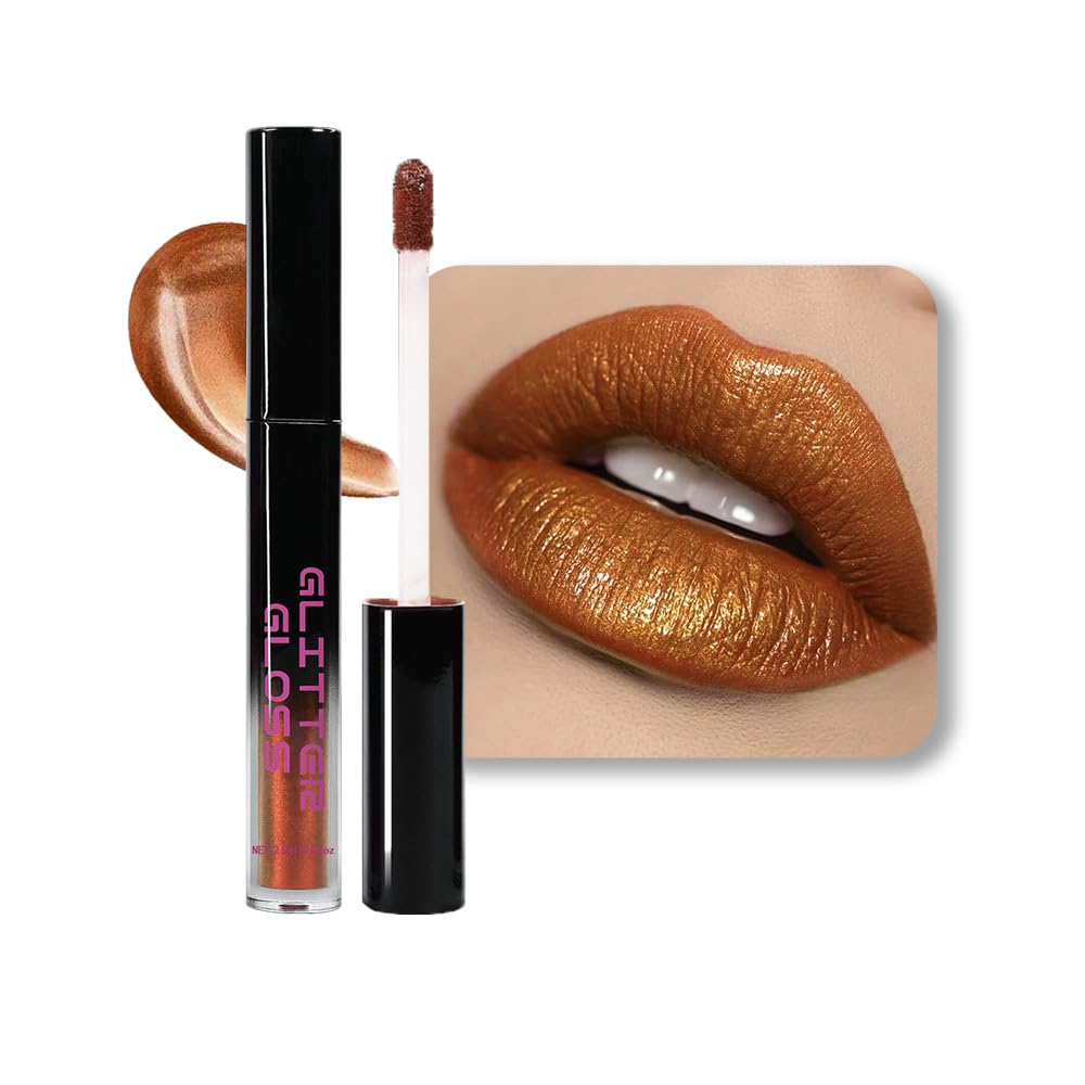 Golden Brown Metallic Lipstick for Women,Glitter Sparkling Liquid Lipstick,Long Lasting Waterproof Lightweight Comfortable Non-Drying Bold Dark Lip Gloss for Gothic Stage Makeup,Vegan