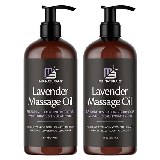 Lavender Massage Oil with Collagen and Stem Cells - Skin Firming Therapy Oil for Cellulite and Quick Absorption on Bum, Thighs, and Belly, 8 fl oz (Pack of 2) by M3 Naturals