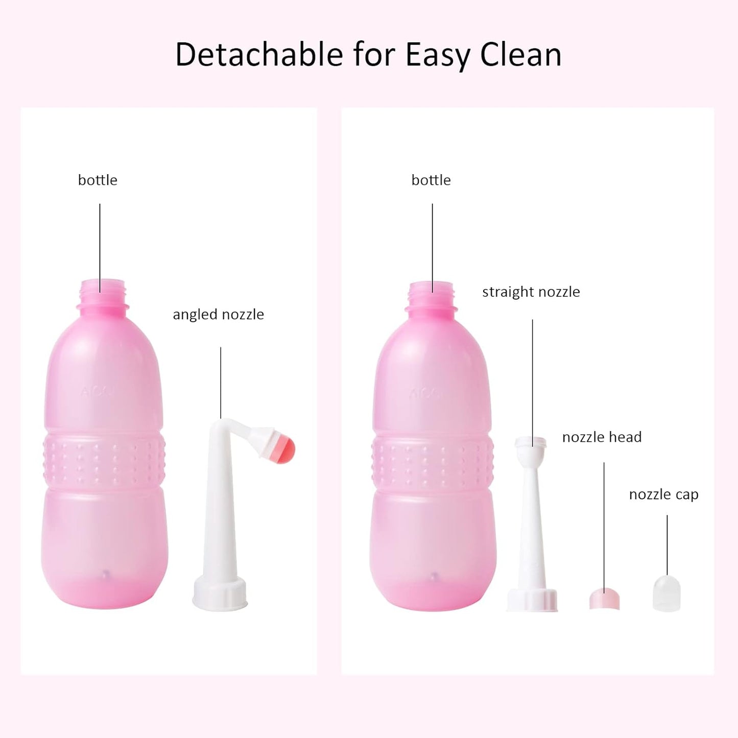 2 Pack Peri Bottle for Postpartum Care, Portable Travel Bidet for Women, 17oz Large Capacity Perineal Bottle for Feminine Hygiene with Travel Bag, Angled Nozzle & Straight Nozzle (Pink + White)