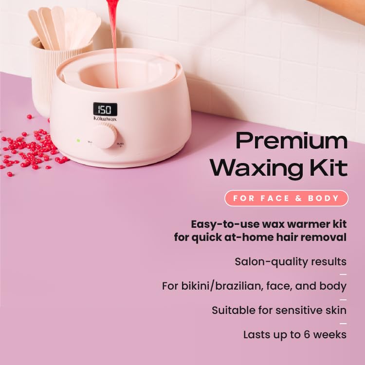 KoluaWax Premium Waxing Kit for Women - Hot Melt Wax Warmer for Hair Removal, Eyebrow, Bikini, Legs, Face, Brazilian & More - Machine + 4-Pack Hard Wax Beads + Accessories, Blush