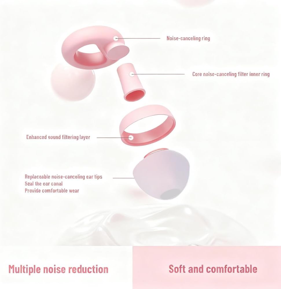 30dB Noise Cancelling Ear Plugs for Sleeping - Reusable Silicone Earplugs for Adults & Kids, Soft Ear Protection for Snoring, Concerts, Lawn Mowing, Travel & Work (6 Ear Tips with Case, Pink)