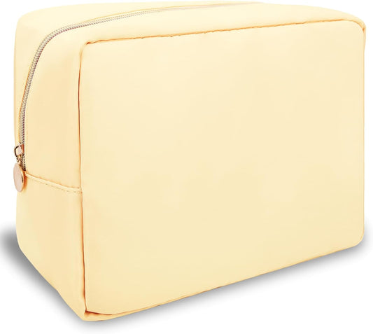 Nylon Large Makeup Bag Travel Pouch for Women, Preppy Big Makeup Bag Cute Cosmetic Zipper Pouch Purse, DIY Chenille Letter Bag Waterproof Toiletry Bag Clutch Makeup Organizer for Girls (Beige)