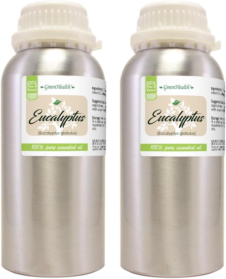 2 Bottles – GreenHealth Eucalyptus Essential Oil – 16 fl oz Each (32 fl oz Total) – 100% Pure & Uncut – Bulk Aromatherapy Oil in Aluminum Bottles – for Diffuser, Cleaning, DIY, Home Fragrance