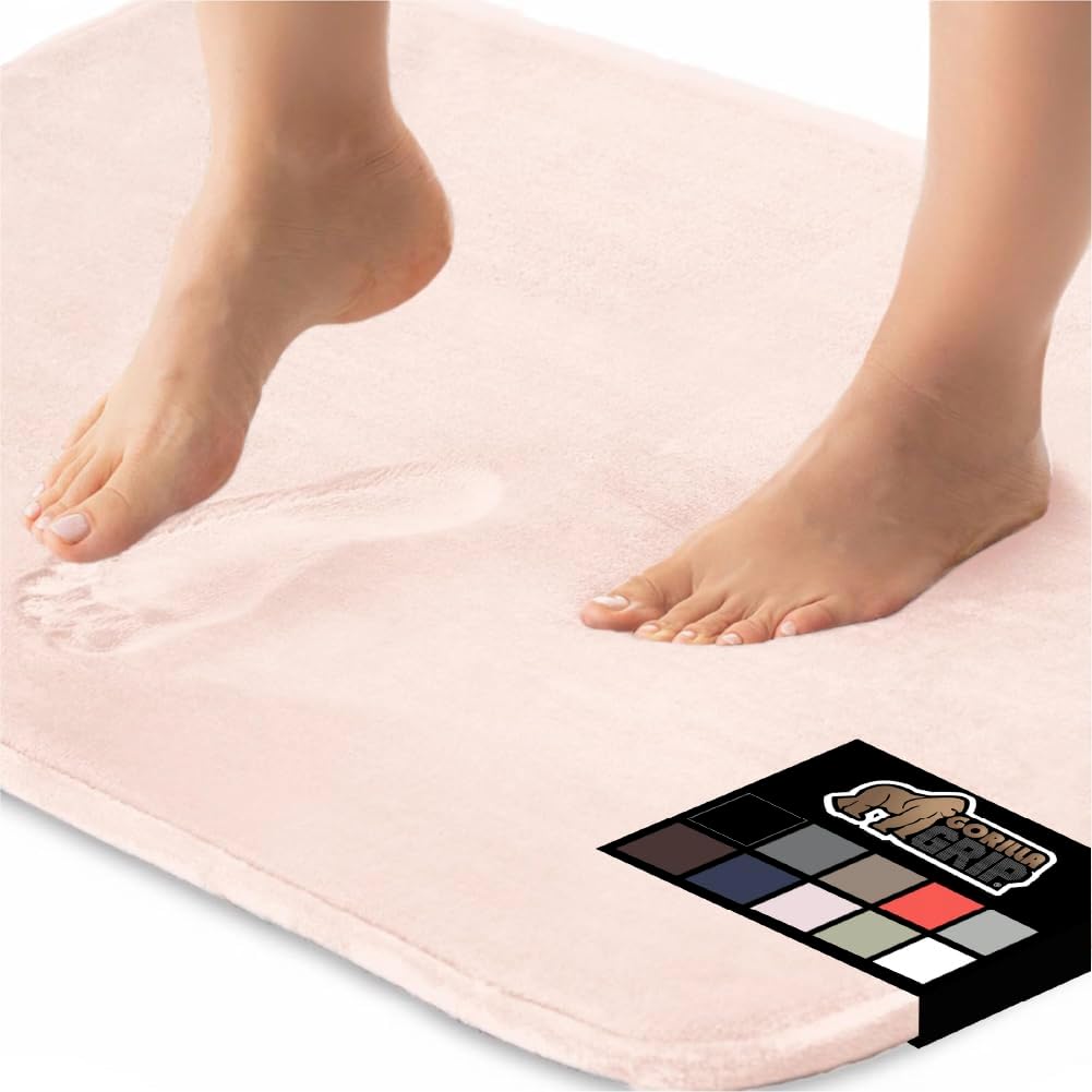 GORILLA GRIP Memory Foam Bath Mat, Soft Absorbent Velvet Bathroom Mats, Durable Dots on Underside, Machine Washable Bathmat, Carpet Rug Room Decor for Shower Tub Floor RV, 24x17 Rugs, Pink