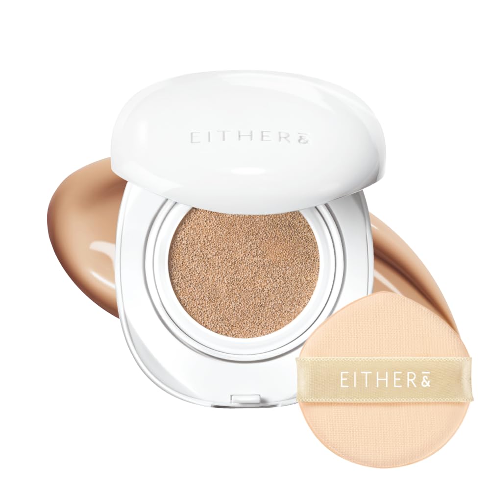 EITHER& Glow Pixel Cushion Foundation, Glowy Skincare, Korean Makeup, Natural Coverage, Moisturizing, Lightweight, Long Lasting Coverage for Flawless Skin (25.5P Tan)