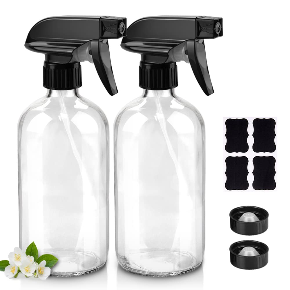 Glass Spray Bottles, 16oz Clear Glass Spray Bottles with Labels & Adjustable Nozzle, Reusable Containers for Cleaning Solutions, BBQ, Food, Plants, Alcohol, Essential Oils(2 Pack)