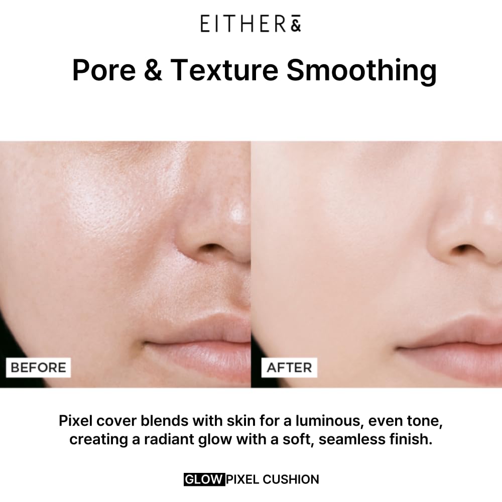 EITHER& Glow Pixel Cushion Foundation, Glowy Skincare, Korean Makeup, Natural Coverage, Moisturizing, Lightweight, Long Lasting Coverage for Flawless Skin (34N Acorn)
