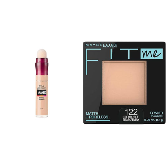Maybelline Instant Age Rewind Eraser Dark Circles Treatment Multi-Use Concealer, 120, 1 Count (Packaging May Vary) & Fit Me Matte + Poreless Pressed Face Powder Makeup & Setting Powder, Creamy Beige