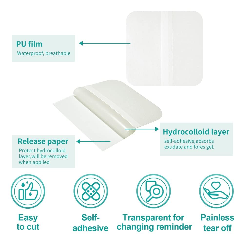 Dimora Hydrocolloid Dressing 4" x 4" for Wound Care, 10 Pcs Large Patch Bandages with Self-Adhesive for Bedsore, Burn, Blister, Acne Care, Super Absorbent for Fast Healing