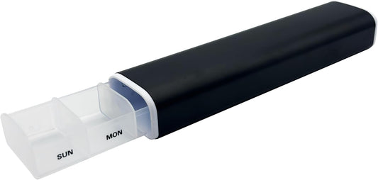 EZY DOSE Slide Pill Organizer, Stylish Medication Storage Case with Durable BPA-Free Plastic with Aluminum Exterior, Large 7-Day Weekly Compartments, Tablets, Vitamins, Compact, 9-Inch, Black