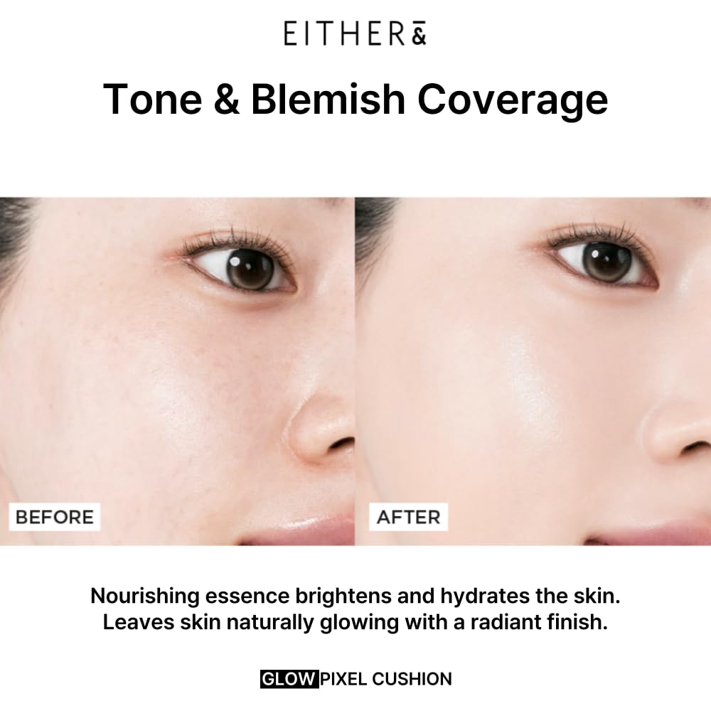 EITHER& Glow Pixel Cushion Foundation, Glowy Skincare, Korean Makeup, Natural Coverage, Moisturizing, Lightweight, Long Lasting Coverage for Flawless Skin (24P Suede)
