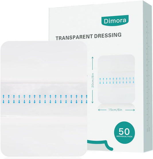 Dimora Waterproof Transparent Film Dressing, Large Clear Wound Bandages 6x8 inch 50 Pack, Post Surgical Skin Protector, Adhesive Medical Pad for Swimming,Showering,Tattoo Aftercare,IV Fixing