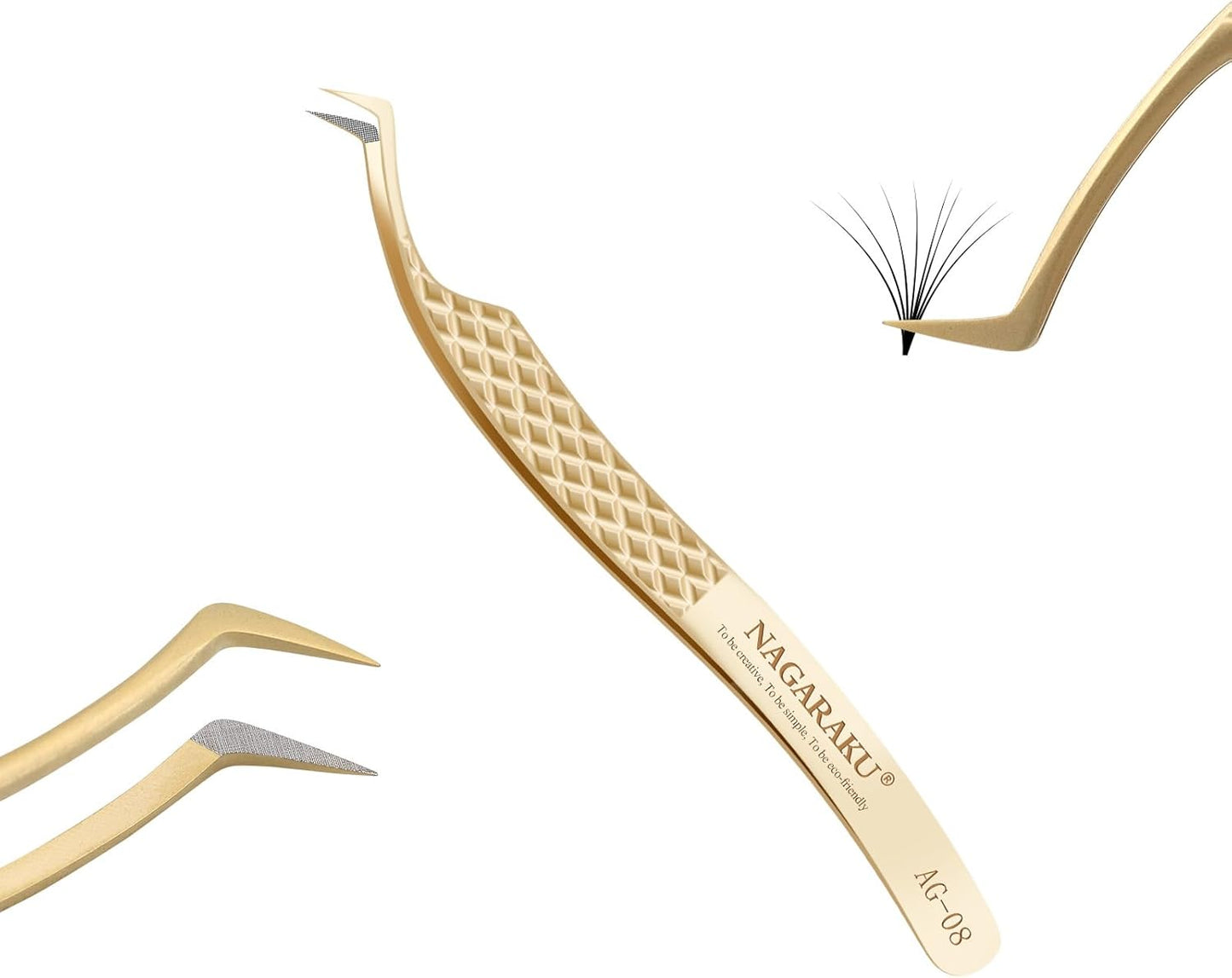 NAGARAKU Precision Fiber Tip Tweezer for Eyelash Extensions Diamond Grip Anti-Static Anti-Slip Premium Stainless Steel Pointed Volume Eyelashes Tweezers Supplies with Box(S Curved Tip Tweezer AG-08)