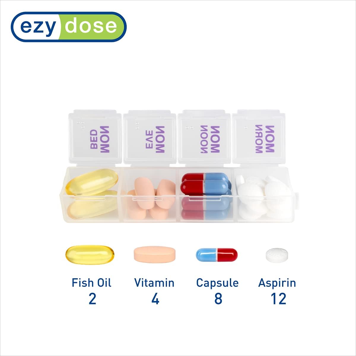 EZY DOSE Weekly (7 Day) 4 Times a Day Push Button Pill Organizer and Vitamin Planner, Removable Daily Pillboxes, Patented Design, Assorted Colors, Clear, Large (Pack of 1) (67133)