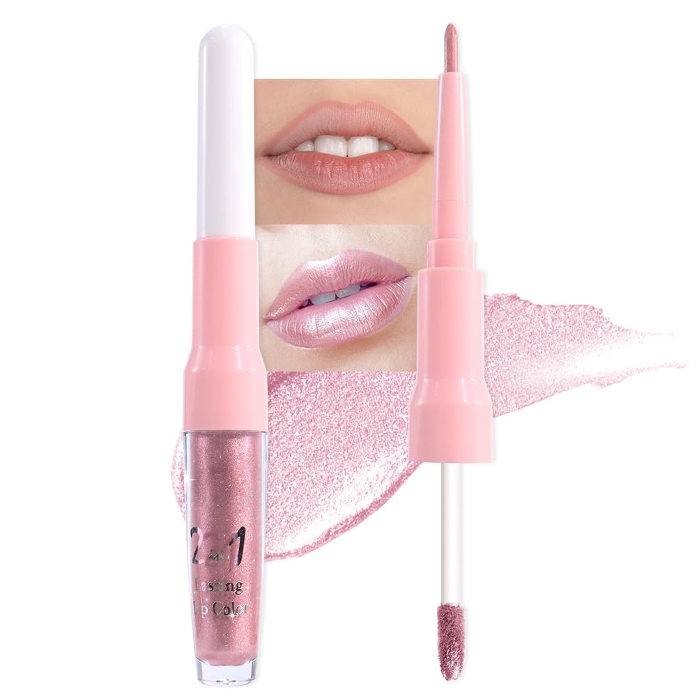 evpct Light Pink Metallic Shimmer Lip Liner and Lipstick Combo Lip Gloss Stain Set Makeup for Women Long Lasting Waterproof 24, Light Voilet Frosted Metallic Glitter Glossy Iridescent Liquid Lipstick