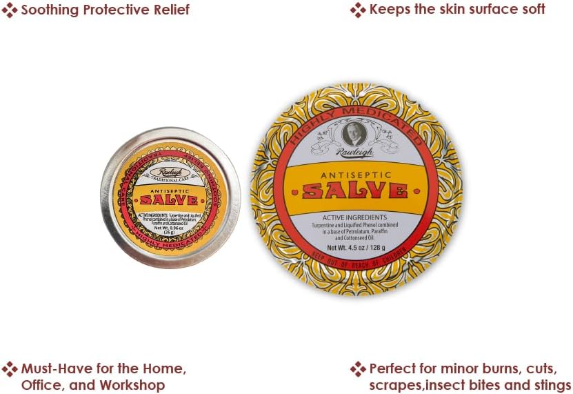 Rawleigh Antiseptic Salve Iconic Yellow Big Tin: 4.5 oz, Multi-Purpose Ointment Soothes Cuts, Bruises, Irritations, with Turpentine, Phenol, Cottonseed Oil & Paraffin, Original Formula - Pack of 12