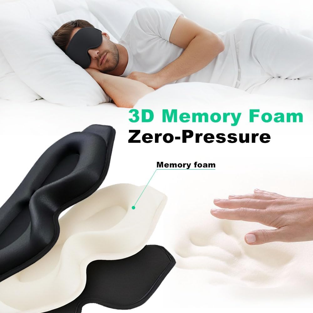 3D Sleep Mask for Side Sleepers, Blackout & Zero Pressure - Breathable Memory Foam, Lash Extensions Friendly - Adjustable for Travel, Yoga & Deep Sleep Black