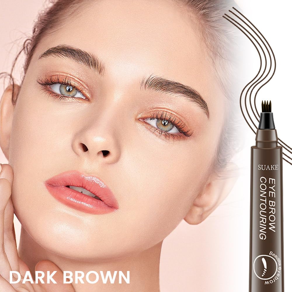 Eyebrow Ink Pencil by Brow Stylist -Micro 4 Point Brow Pen Lift & Snatch 2 Eyebrow Pen Kits with 3 Eyebrow Stencil Long-Lasting Waterproof Natural Eyebrow Hair (B-2Pc 02# Dark brown)
