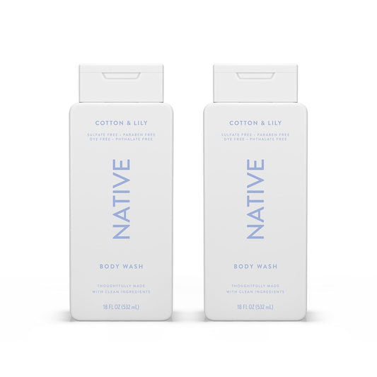 Native Body Wash Contains Naturally Derived Ingredients | For Women & Men, Sulfate, Paraben, & Dye Free Leaving Skin Soft and Hydrating | Cotton & Lily 18 oz - 2 Pk