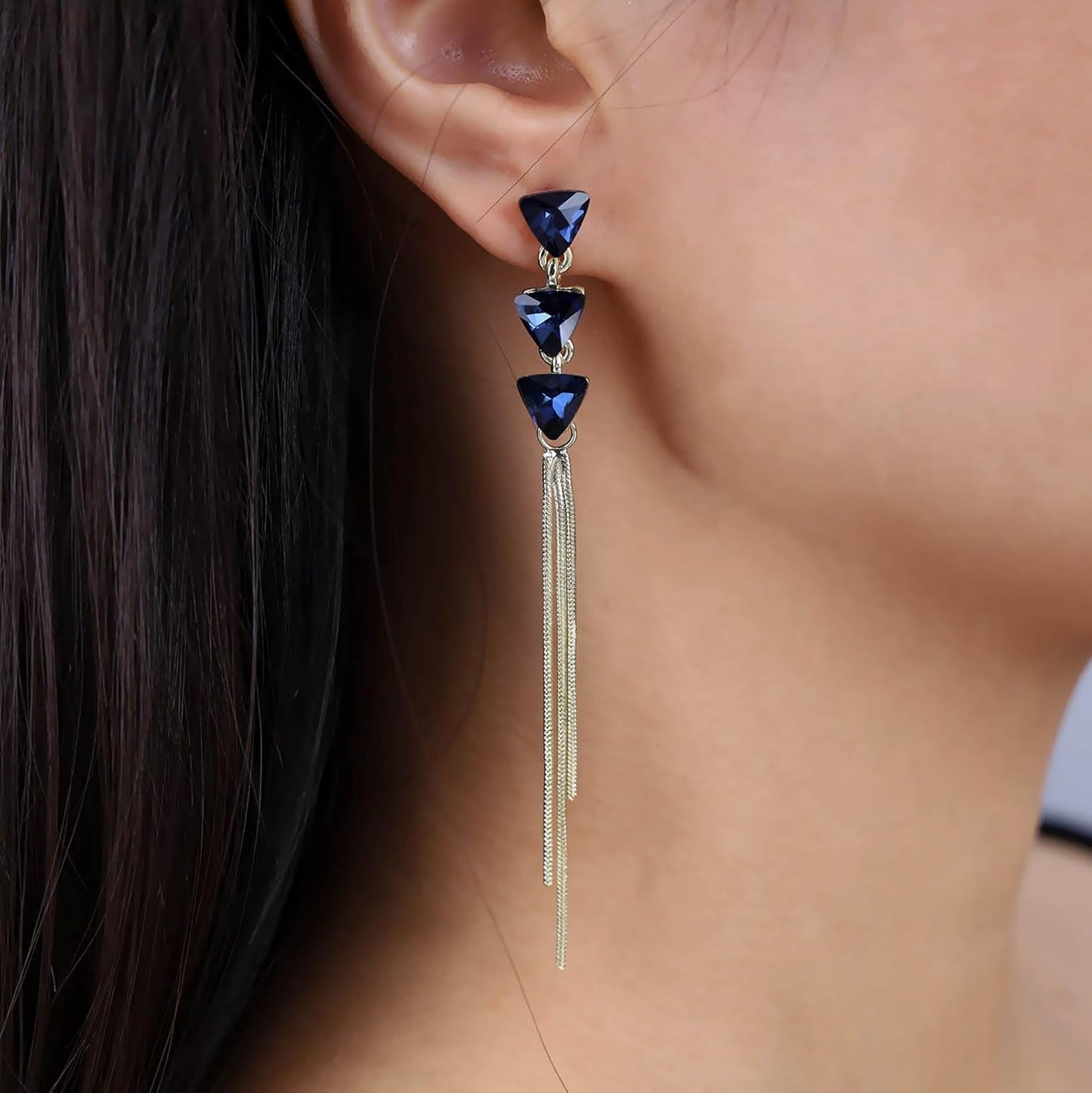 Vintage Sapphire Dangle Earrings Long Blue Crystal Chain Earrings Sapphire Tassel Drop Earrings Gold Sleek Metal Chain Earrings Jewelry for Women