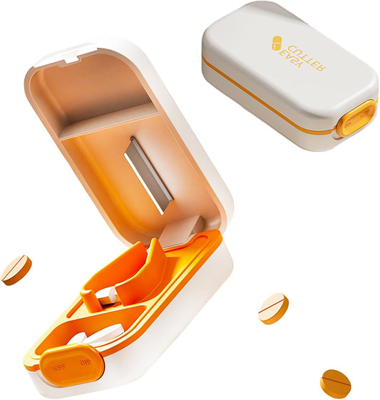 Pill Cutter Splitter for Small or Large Pills with Safety Lock - Accurate and Easy Travel-Friendly Design for Daily Use (Orange)