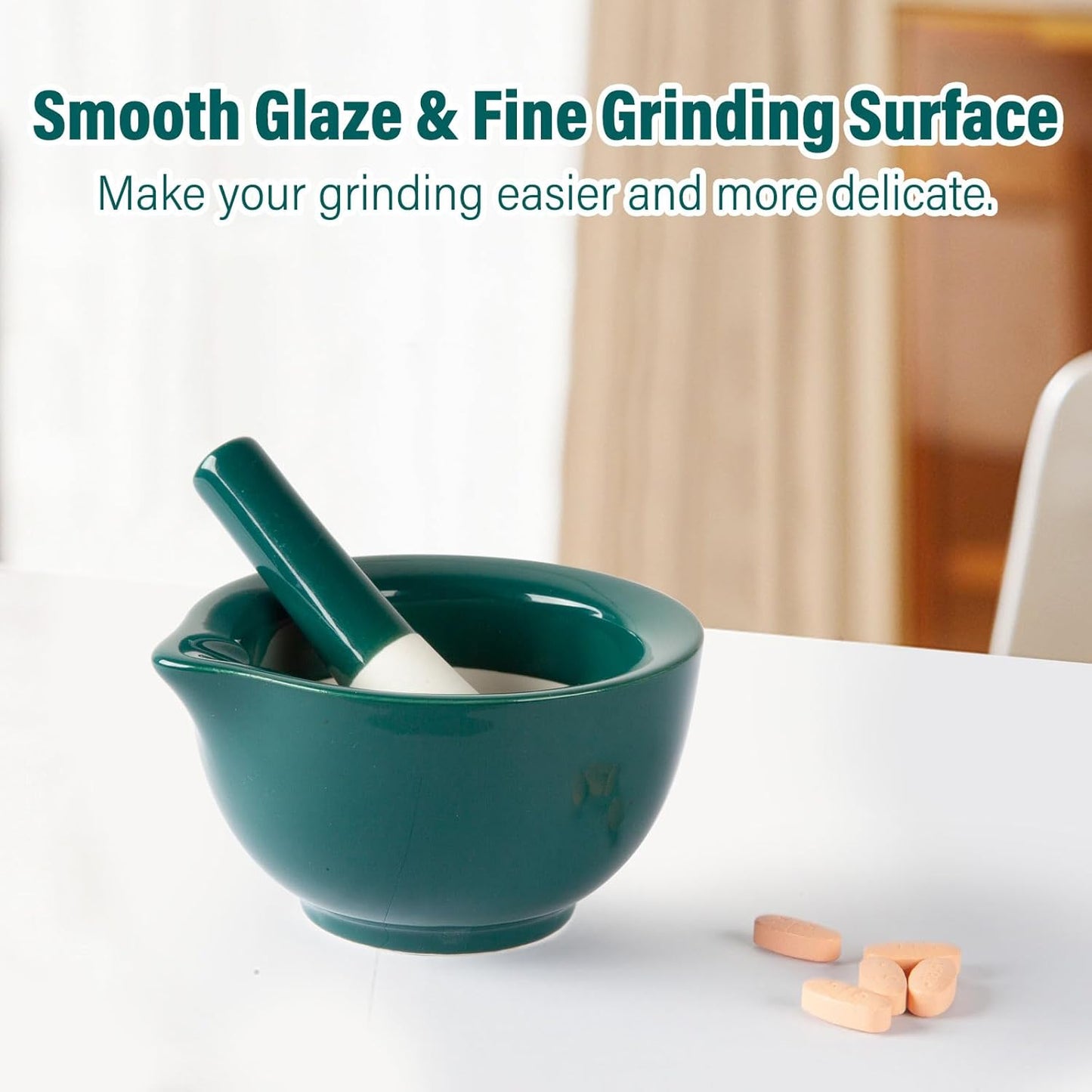 Pill Crusher, Ceramic Mortar and Pestle Set, Effortlessly Grind Pills, Vitamins, and Supplements into Fine Powder for Convenient Consumption by Adults, Seniors, and Pets (Small, Glossy Green)