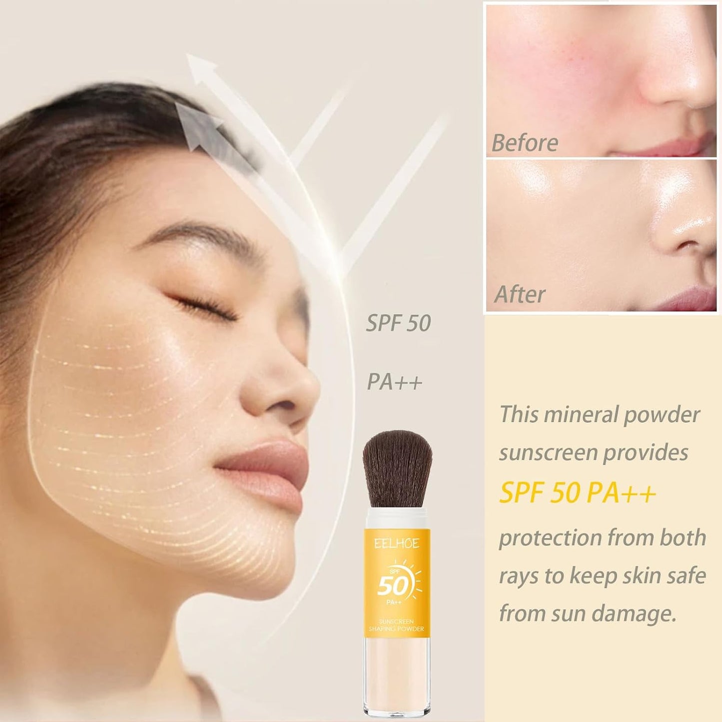 Mineral Sunscreen Setting Powder, SPF 50 PA++ Powder Sunscreen for Face, Oil Control Lightweight Breathable Translucent Concealer Brush Face Powder for All Skin