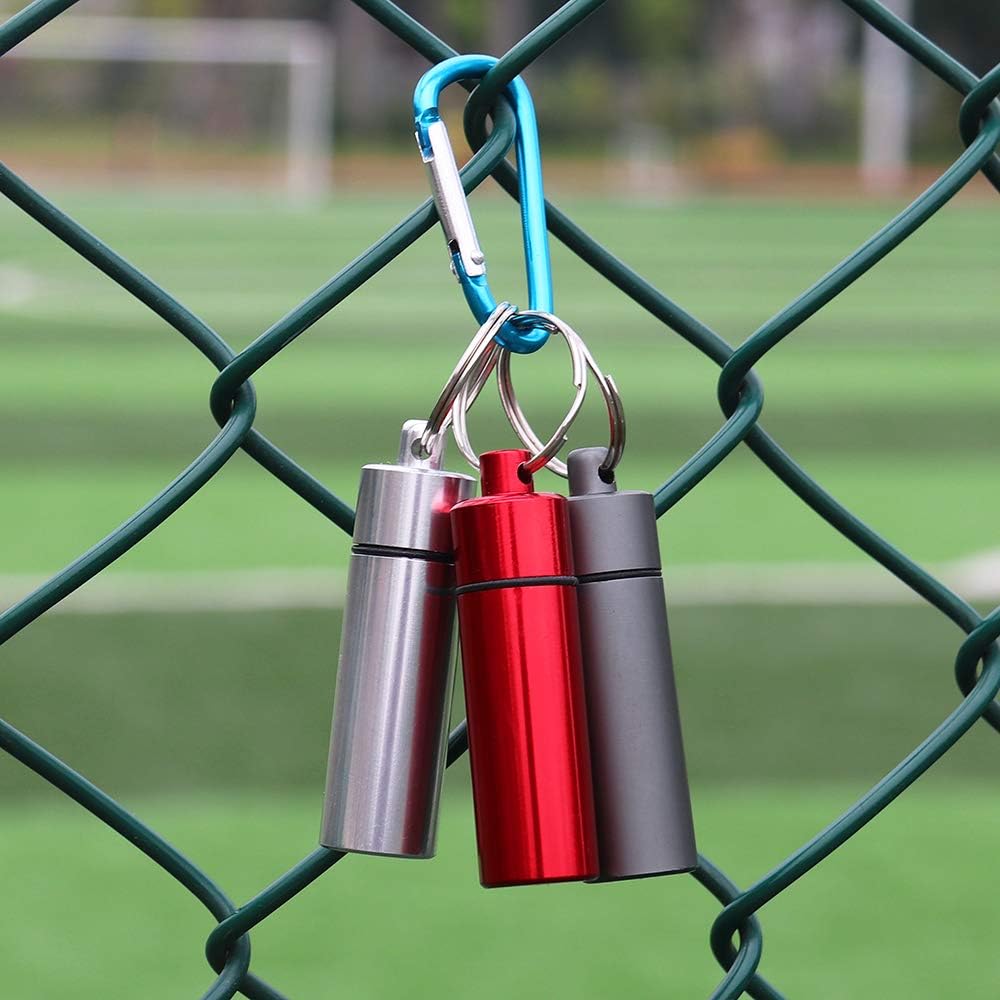 3 Packs Keychain Pill Holder, EFFIET Waterproof Pill Fob Case Box Outdoor Container for Emergency Medicine Foam Earplug Storage Case with Ear Plugs (Silver-Matt-Red)